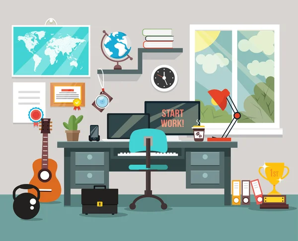 Lugar de trabajo en la habitación. Ilustración plana del vector — Vector de stock