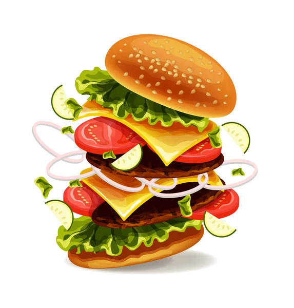 Hamburger sta esplodendo. Illustrazione vettoriale — Vettoriale Stock