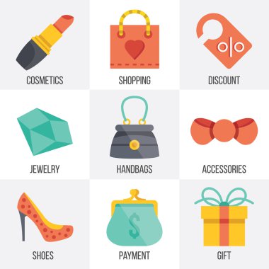 Vektör kadınlar Icons set alışveriş. 7 ayarla