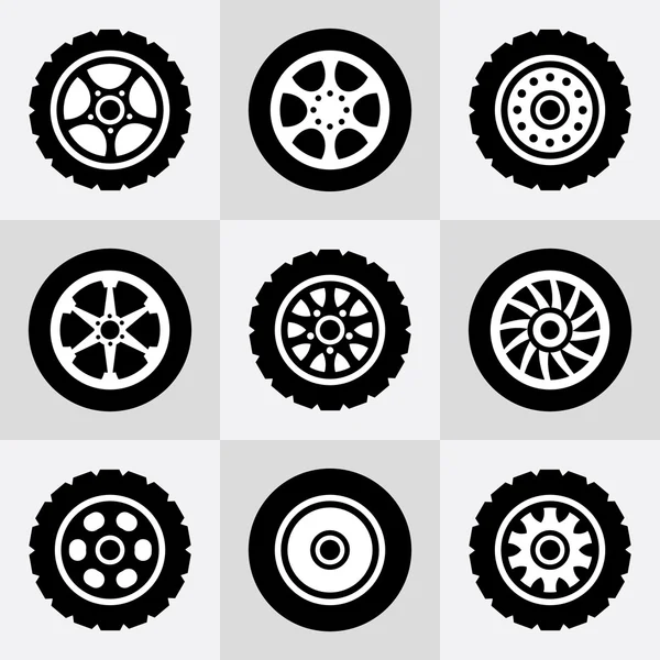 Tires and wheels icons set — Stock Vector