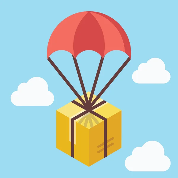 Concepto de entrega. Caja marrón flotando en el cielo azul con paracaídas — Archivo Imágenes Vectoriales