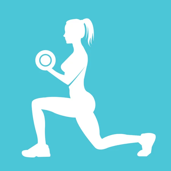 Γυμναστήριο λογότυπο γυναίκα σιλουέτα. Γυναίκα, κρατώντας αλτήρες και κάνει άσκηση — Διανυσματικό Αρχείο