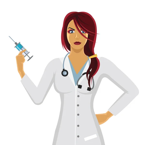 Γυναίκα γιατρό χαρακτήρα φοράει παλτό εργαστήριο — Διανυσματικό Αρχείο
