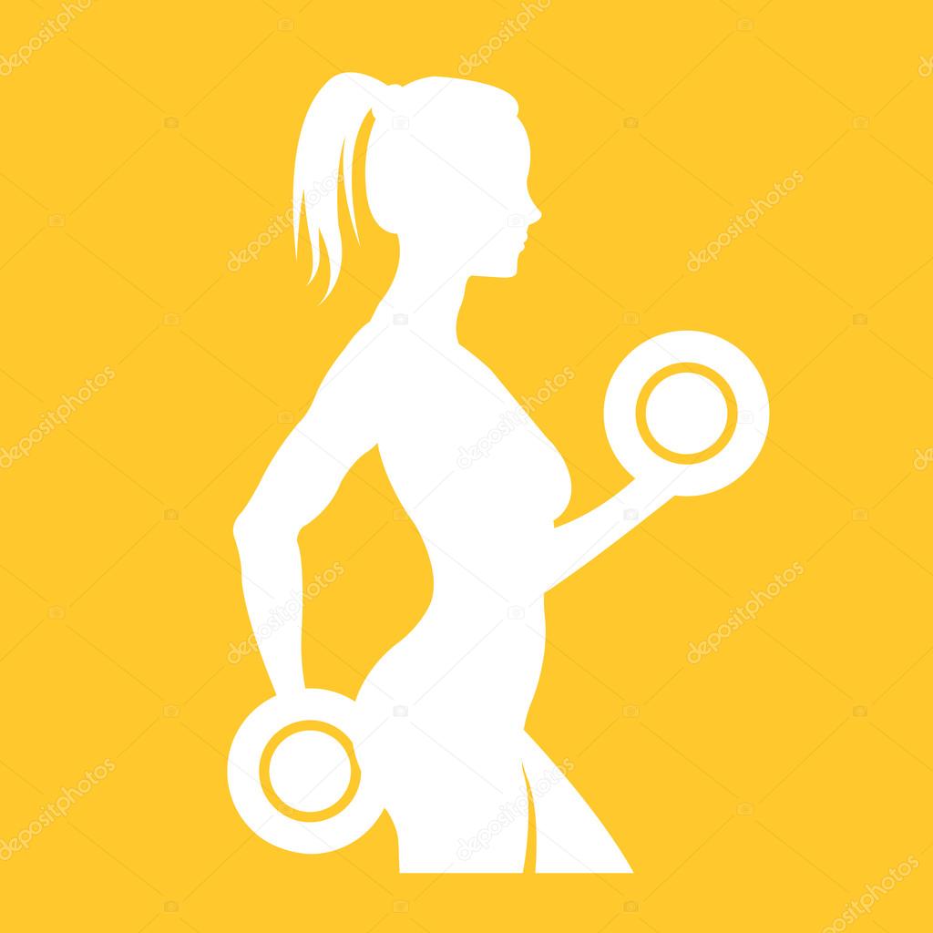 Fitness logo woman silhouette. Woman holding dumbbells