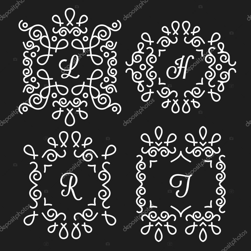 Simple monogram design templates set. Premium quality elegant white frame ornaments with space for text. Flat line logo design elements. Vector illustration isolated on black background.