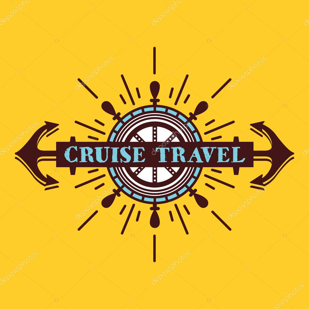 Original vintage badge, label, ribbon with anchors, sunburst, ship's wheel, retro typography. Cruise travel logo concept. Old school colorful badge isolated on yellow background. Vector illustration