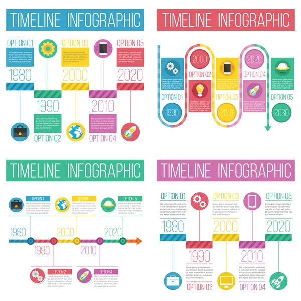 4 conjuntos diferentes de infográficos de linha do tempo — Vetor de Stock