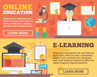 Online Eğitim, e-öğrenme düz illüstrasyon kavramlar seti