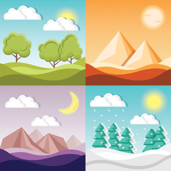 4 cartoon nature backgrounds and landscapes with different seasons — Stock Vector