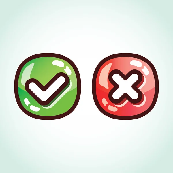 Conjunto de verde e vermelho marcas de verificação botões brilhantes — Vetor de Stock