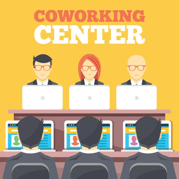 Coworking center, affärsmöte, office arbetsplatsen platt illustration begrepp som — Stock vektor