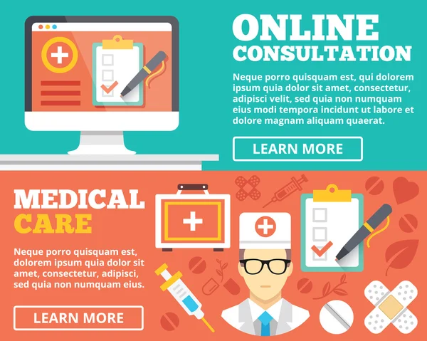 Conjunto de conceptos de ilustración plana de consulta y atención médica en línea — Vector de stock