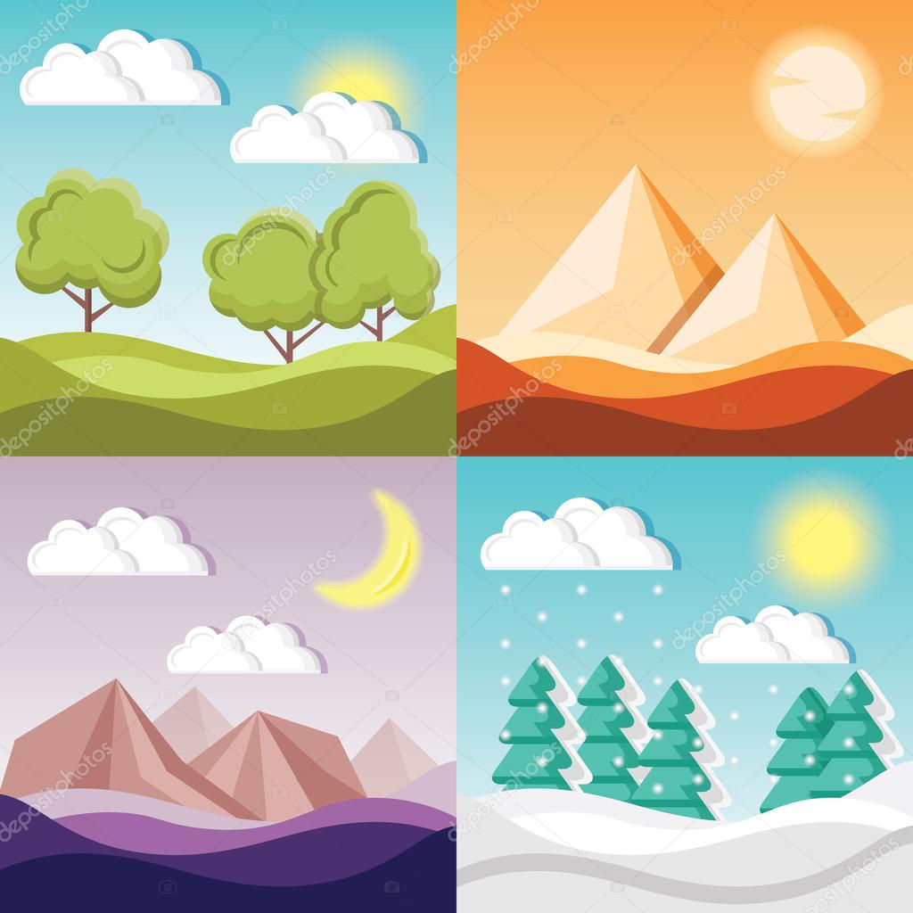 4 cartoon nature backgrounds and landscapes with different seasons