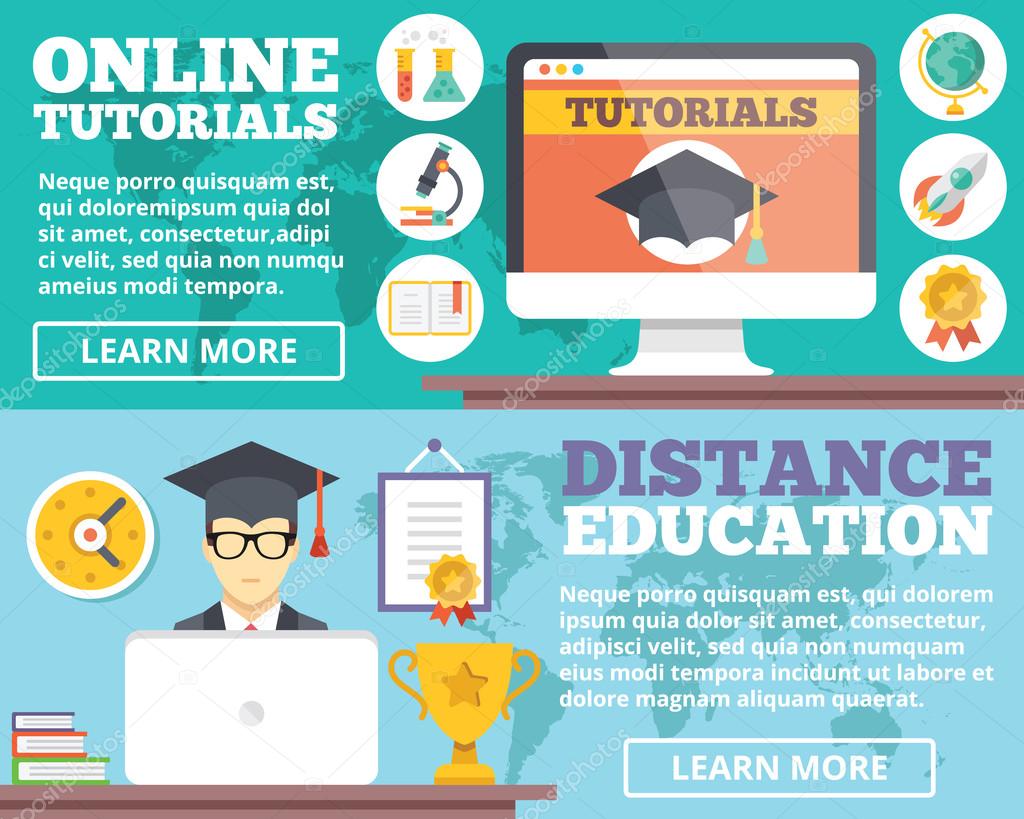 Online tutorials, distance education flat illustration concepts set