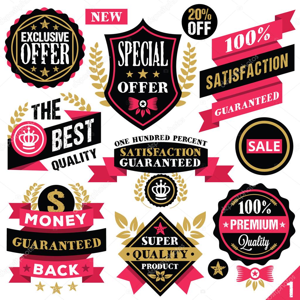 Premium quality stickers, badges, labels and ribbons. Set 1 Stock