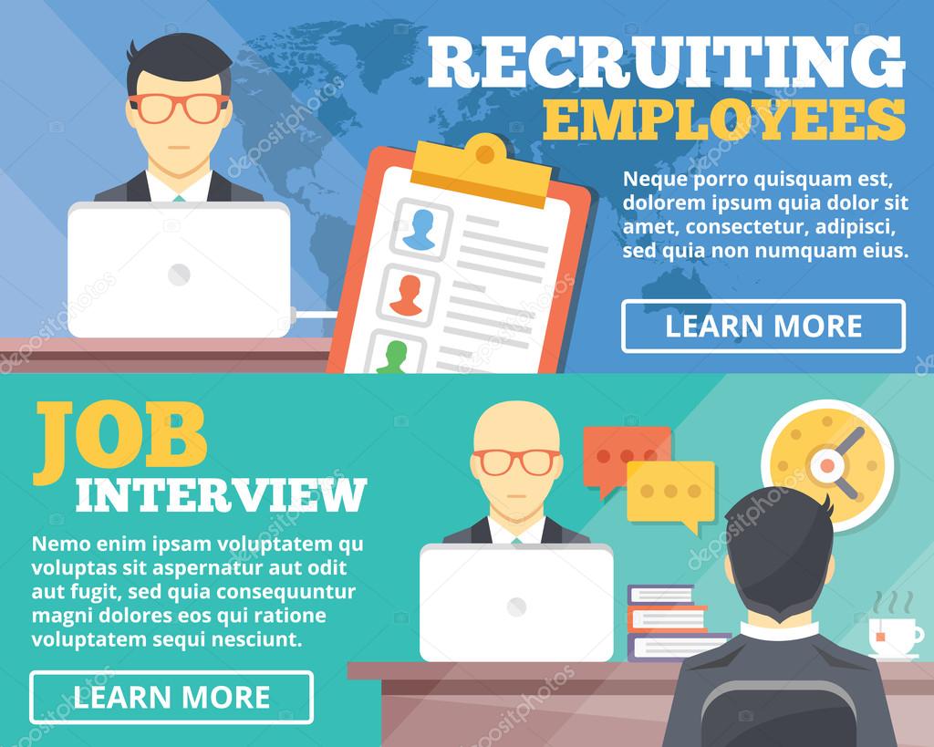 Recruiting employees, job interview flat illustration concepts set