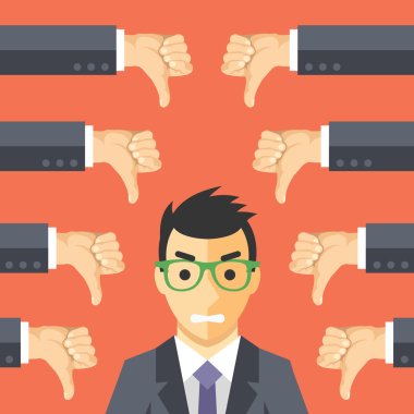 Angry businessman and many hands with thumbs down clipart