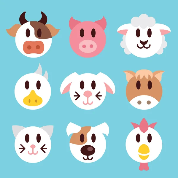 Animales de granja enfrenta iconos conjunto — Vector de stock