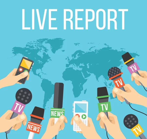Concetto di live report. Molte mani di giornalisti con microfoni e registratori — Vettoriale Stock