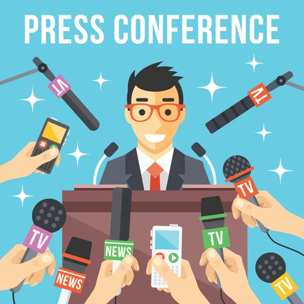 Conferencia de prensa. Informe en vivo, concepto de noticias en vivo — Vector de stock
