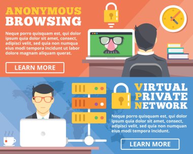 anonim tarama, sanal özel ağ, vpn düz illüstrasyon kavramlar set