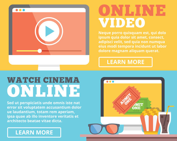 Online video, online cinema flat illustration concepts set