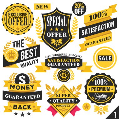 Black and yellow stickers, badges, labels and ribbons. Set 1