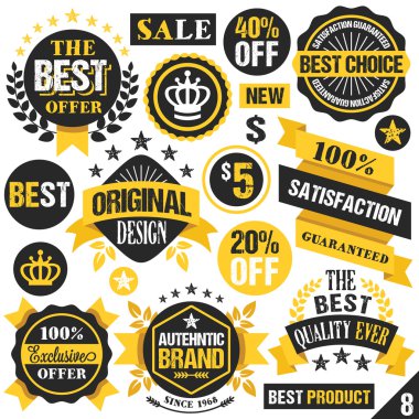 Black and yellow stickers, badges, labels and ribbons. Set 8