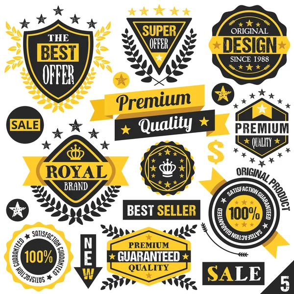 Black and yellow stickers, badges, labels and ribbons. Set 5 — Stock vektor