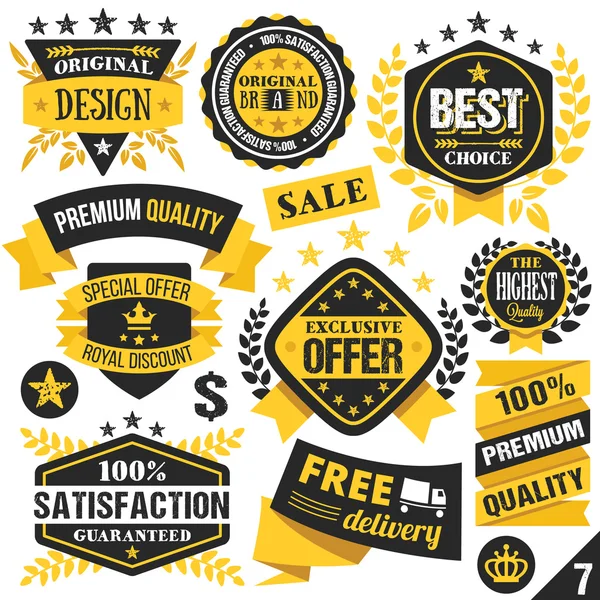 Black and yellow stickers, badges, labels and ribbons. Set 7 — Wektor stockowy