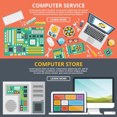 Bilgisayar Servisi, bilgisayar mağaza düz illüstrasyon kavramlar ayarla
