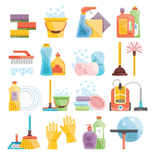 Conjunto de artículos para el hogar e iconos planos de limpieza — Vector de stock