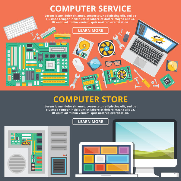 Computer service, computer store flat illustration concepts set