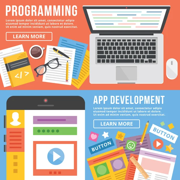 Programmering, instellen app ontwikkeling vlakke afbeelding concepten — Stockvector