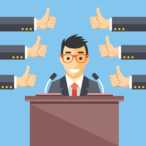 Speaker and thumbs up. Great speech, excellent speaker, productive ideas flat illustration concept