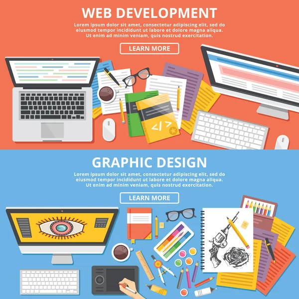 Développement web, graphisme plan illustration concepts ensemble — Image vectorielle