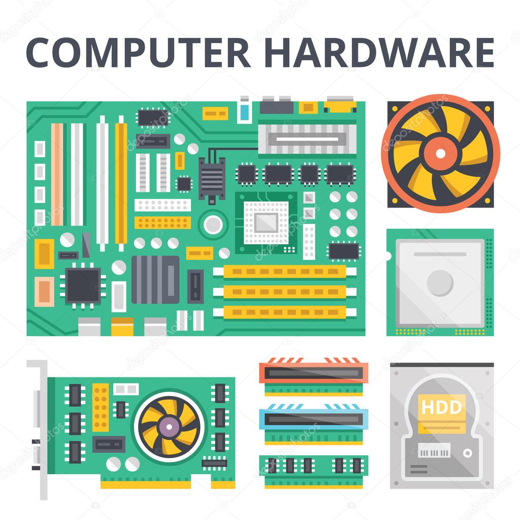 Computer hardware flat illustration concepts and flat icons set