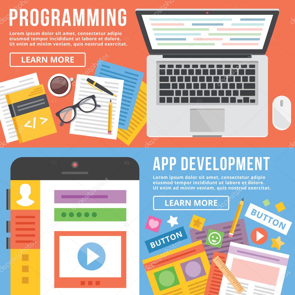 Programming, app development flat illustration concepts set