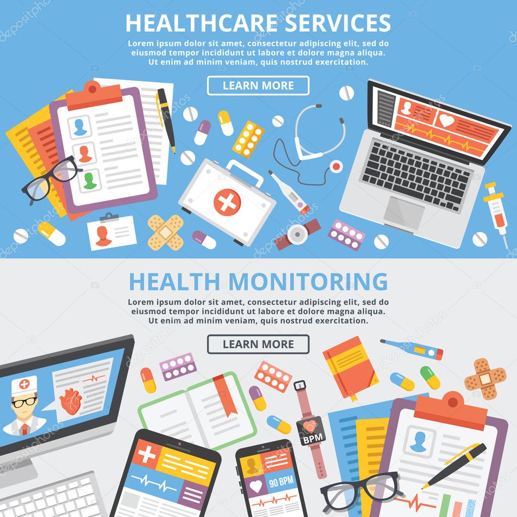 Healthcare services, health monitoring, research flat illustration concepts set