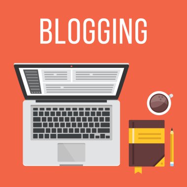 Blogging. Dizüstü bilgisayar, not defteri, kalem ve kahve Kupası. Üstten Görünüm. Düz tasarım illüstrasyon kavramı