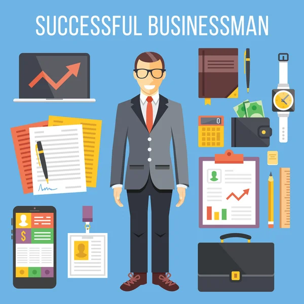 Uomo d'affari di successo e roba business illustrazione piatta e set di icone piatte — Vettoriale Stock