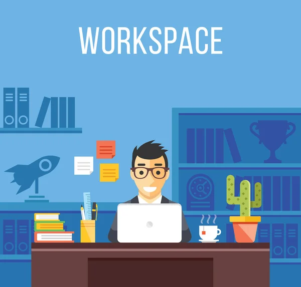 Hombre en el trabajo. Hombre de traje en la oficina. Diseño plano creativo interior, lugar de trabajo, conceptos de espacio de trabajo — Vector de stock