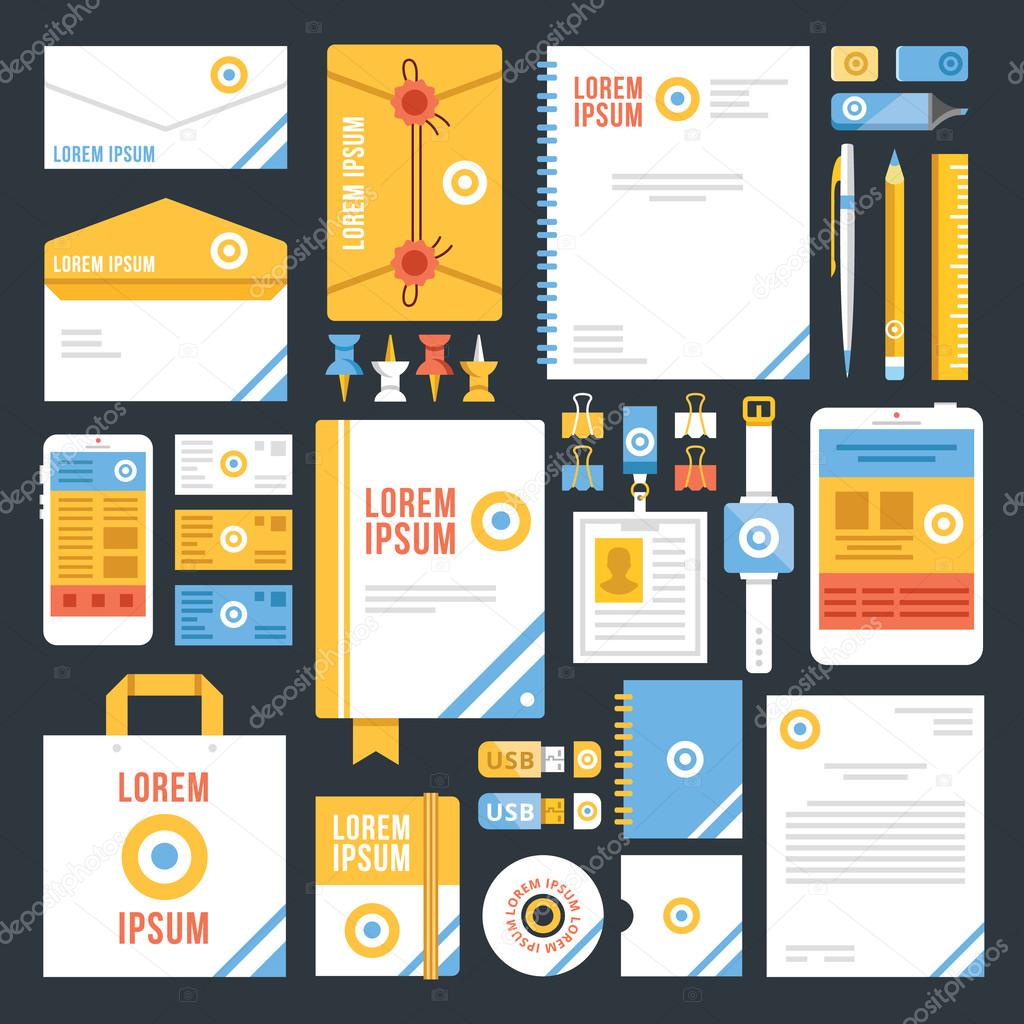 Flat corporate identity template design. White blue and yellow color scheme. Top view. Flat design concepts for web banners, web sites, printed materials, infographics. Creative vector illustration