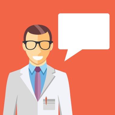 Doktor beyaz ceket ve konuşma balonu