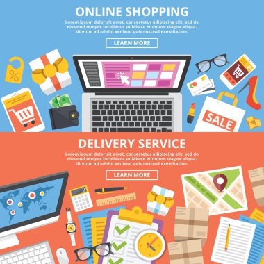 Online alışveriş, teslimat hizmeti düz illüstrasyonlar set