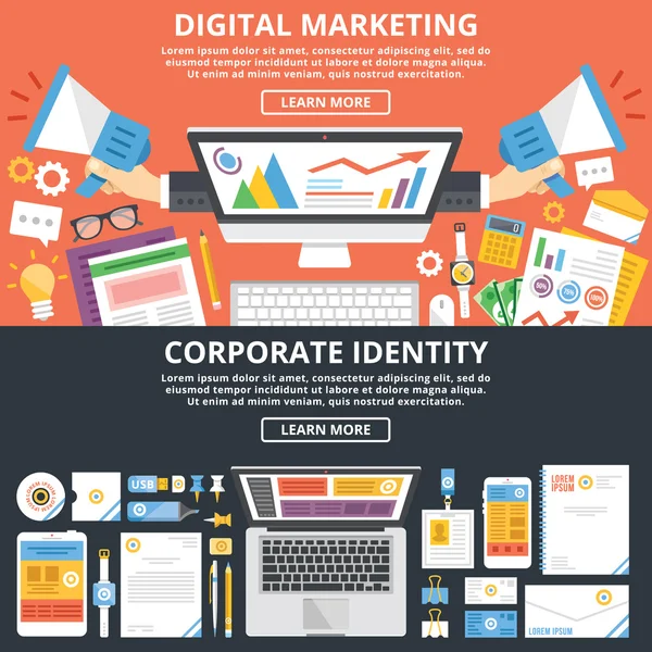 Digital marketing, corporate identity flat illustration concept set — Vettoriale Stock