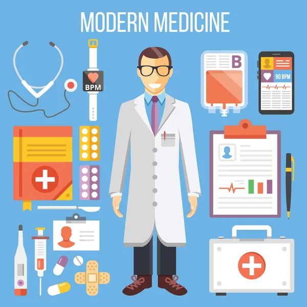 Medicina moderna, médico y equipo médico ilustración plana, conjunto de iconos planos — Vector de stock