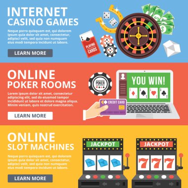 Internet casino oyunları, online poker odaları, slot makineleri düz illüstrasyon kavramlar seti