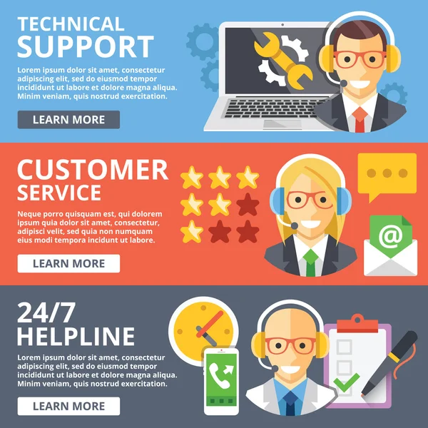 Suporte técnico, atendimento ao cliente, 24 / 7 helpline flat illustration concepts set — Vetor de Stock