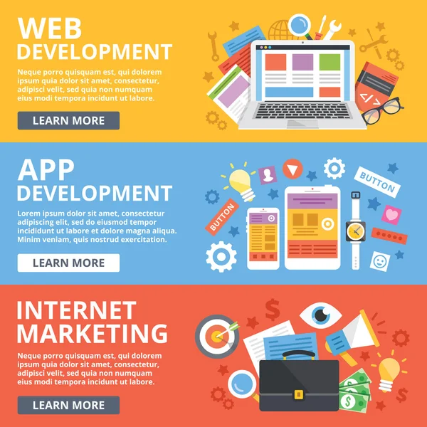 Web development, mobile apps development, internet marketing flat illustration concepts set — Stock Vector